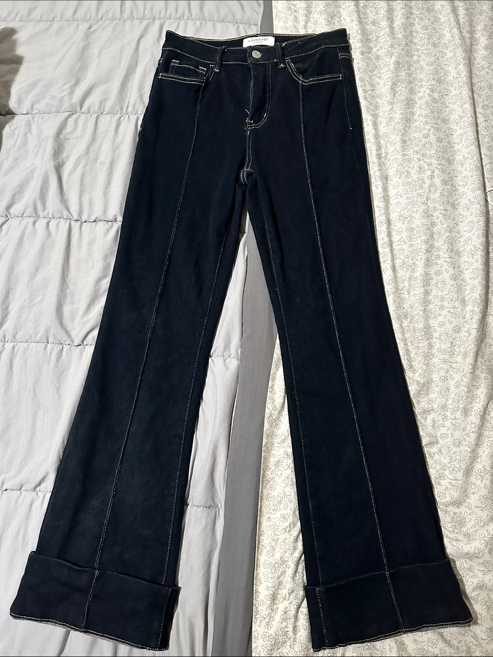 High-Rise Dark Indigo Flare Jeans with Cuffed Hem